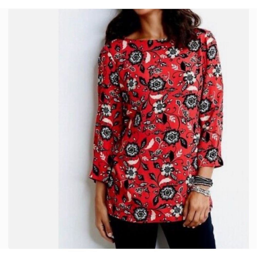 J. Jill Red Floral Long Sleeve Tunic Blouse Rayon